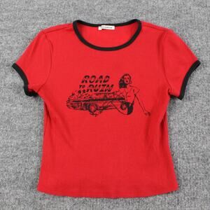 Reformation Shirt XS Red Road To Ruin Graphic Rib Knit Short Sleeve Crop Top